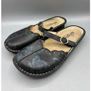Alegria Shoes 38 Black Leather Rose Floral Mary Jane Clogs Comfort Shoes TUS-553